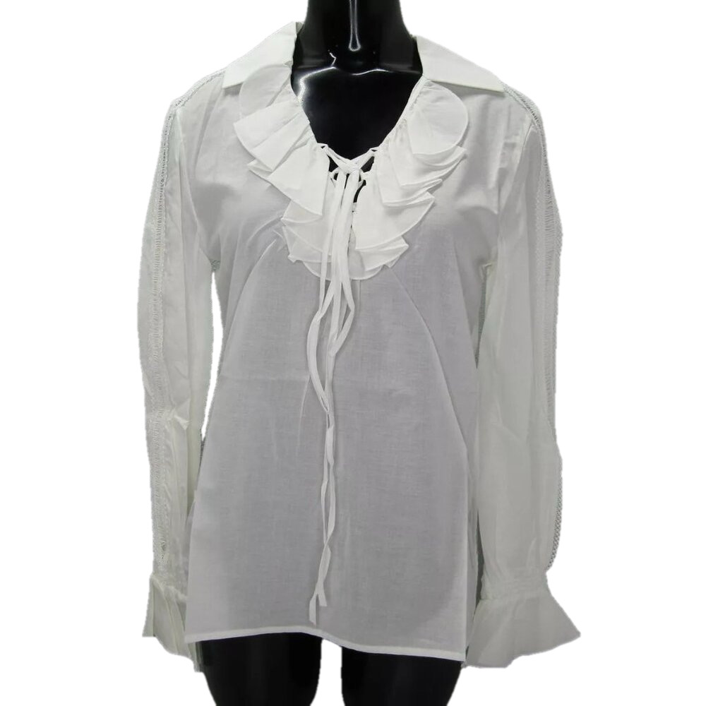 NEW ANNE FOUNTAINE Blouse White Size 10 Euskal Long Sleeve Ruffled Neck Tie